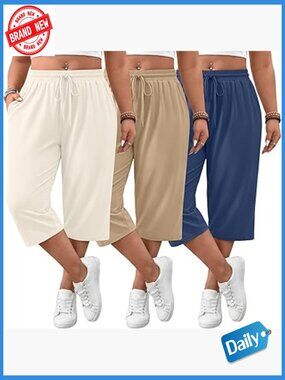 3 Pack Women's Plus Size Wide Leg Yoga Capri Sweatpants with Pockets Drawstring